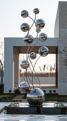 Wall Mural - A kinetic sculpture composed of metal rods and spheres, delicately balanced to create mesmerizing movements when touched by a breeze, ideal for a garden or outdoor space.