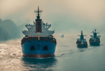 Cargo ship sailing through ocean. Freight transportation.