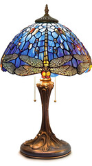 Wall Mural - A traditional Tiffany-style lamp with a dragonfly motif on its stained glass shade and a bronze base.