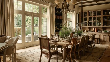 Wall Mural - A black and white photo of a dining room with a large table and chairs. The table is set with plates, cups, and a vase of flowers. The room has a modern and elegant feel, with a black