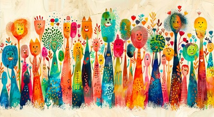 A painting of colorful animals in a row.