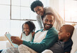 © peopleimages.com - Reading, happy and black family with book on sofa for bonding together on fathers day at home. Smile, knowledge and African parents relaxing with children in living room with fantasy story or novel.