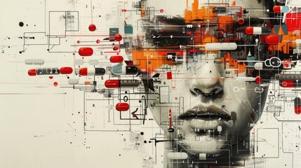 Wall Mural - Digital Abstract Portrait of Woman with Red Pills and Futuristic Tech Elements