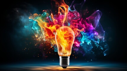 Wall Mural - Colorful light bulb burst with shards and paint, unique concept for business and technology