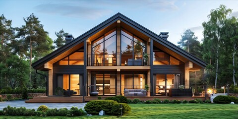 A modern house with glass windows and wood siding.