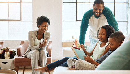 Wall Mural - Black family, reading book and children on sofa in home, care and learning for language with smile. African parents, people and storytelling for connection, bonding and relax in pajamas in morning