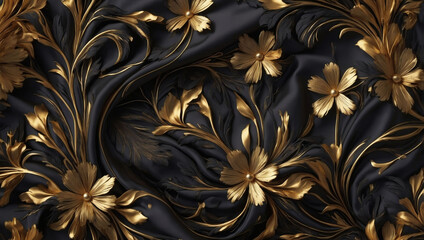 Wall Mural - Elegant black and gold floral silk texture, luxurious D render, K abstract design