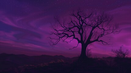 Sticker - Leafless tree at dusk with purple sky