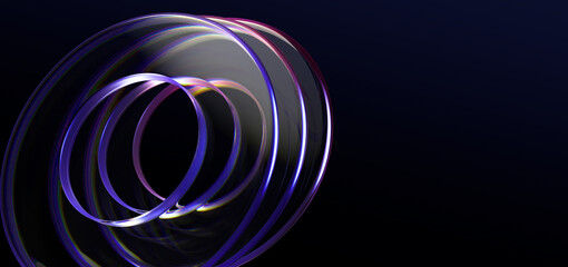 Abstract 3d black background wallpaper with glass transparent circles and colorful light iridescent neon holographic gradient. Crystal render rings, digital graphic design tech banner. 3D illustration