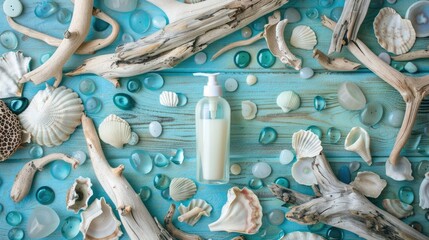A bottle of paint sits amongst sea glass and driftwood, creating a unique art sculpture combining wood, glass, and water elements AIG50