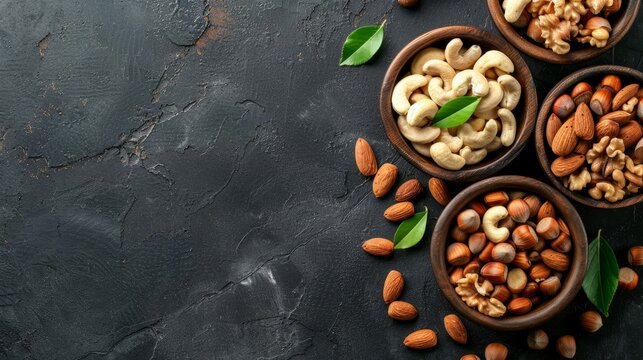 Wooden Bowl Filled With Assorted Mixed Nuts - Almonds, Pistachios, Walnuts, Cashews, Hazelnuts On Black Stone Table Top View