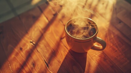 Wall Mural - Aerial view of a steaming mug of coffee