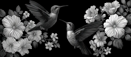 Hummingbirds in Flight Amidst Black and White Floral Tapestry