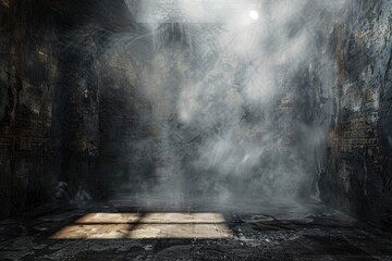 3D grunge room interior with spotlight and smoky atmosphere background - generative ai