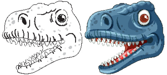 Sticker - Two dinosaur heads, one colored, one outlined