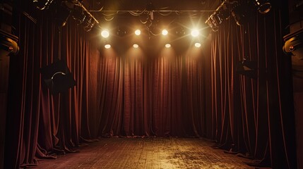 Wall Mural - A small, intimate theater stage with crumpled maroon curtains and vintage spotlights casting a dim, atmospheric light, evoking a sense of nostalgia and timeless performances.