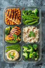 Wall Mural - A colorful assortment of chicken, broccoli, beans, and rice neatly arranged in a container, ready to be enjoyed