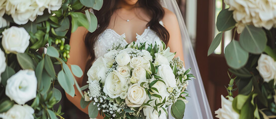 A bride holding a bouquet of white roses, standing under a flower-covered archway.