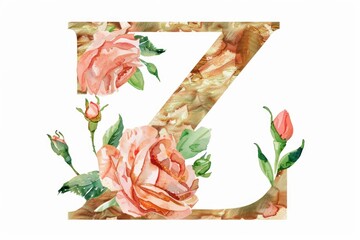 Wall Mural - A delicate watercolor illustration of the letter Z surrounded by flowers, perfect for use in educational materials or as a decorative element