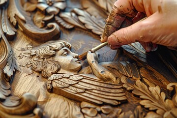 Wall Mural - A person carves an angel out of wood on a table, with focus on the hands and details