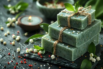 Handmade Natural Green Bath Soap with Fresh Botanicals and Aromatic Candle for Spa and Wellness