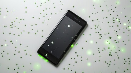 Sticker - Smartphone: A modern black smartphone set against a white background, surrounded by small, glowing green stars 