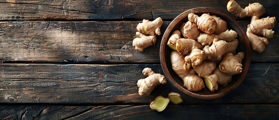 Ginger root on old plank with nature background.