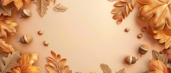 Wall Mural - Autumn promotion with 3D leaves and acorns, matte finish, copy space,