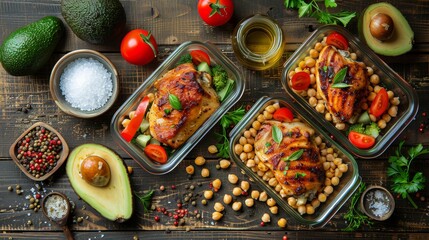 Wall Mural - Three glass meal delivery containers filled with chicken, beans, avocado, and tomatoes