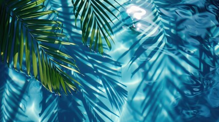 Wall Mural - Palm leaf shadows on blue water, tropical leaf shadow on water surface, summer vacation concept banner,