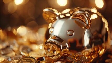 A golden piggy bank sits on a pile of gold coins, symbolizing wealth and prosperity.