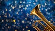 © shaiq - Trumpet: A golden trumpet stands against a deep blue background, with sparkling white stars scattered around it