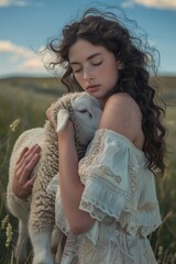 Wall Mural - A young girl is holding a sheep in a green field