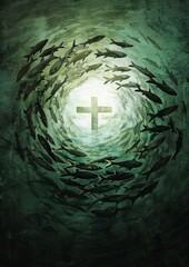 Canvas Print - A painting of a cross in the middle of a school of fish