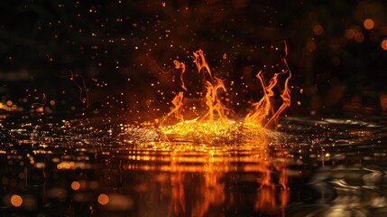 Wall Mural - A close-up view of flames burning on the surface of a body of water, with ripples and reflections adding texture to the scene