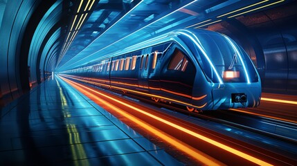 Wall Mural - A train is traveling down a tunnel with bright lights