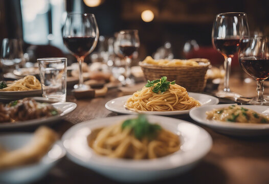 A traditional Italian trattoria with pasta dishes and wine
