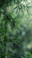 Wall Mural - A close up of a green leafy tree with raindrops on it