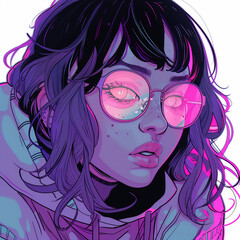 Wall Mural - A striking digital portrait of a young woman with glasses, short hair, and vibrant neon lighting, representing a blend of modern style and artistic creativity