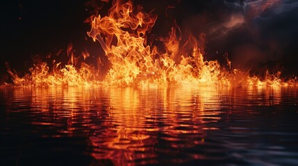 A boat engulfed in flames, surrounded by water