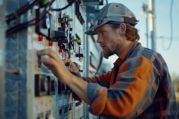 A man in a hard hat is fixing an electrical panel, providing a close-up look at the tools and equipment used in this process
