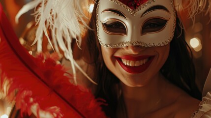 Wall Mural - A woman wears a white mask and adorns her hair with bright red feathers