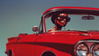 © Leopoldine - Femme à grosses lunettes de soleil qui conduit une décapotable rouge de marque américaine, sérigraphie vintage années 80