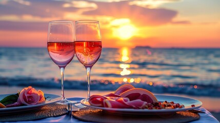 Summer love. Romantic sunset dinner on the beach. Table honeymoon set for two with luxurious food, glasses of rose wine drinks in a restaurant with sea view. copy space for text.