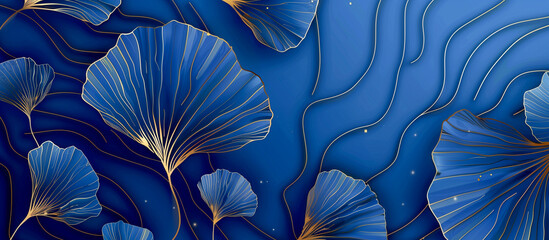 ginkgo leaf pattern and golden line art on blue minimalism texture background
