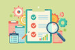 © Klarisss - Detailed setup of a clipboard with gears and magnifying glass. Flat design of a business evaluation concept with to do list. Creative workspace illustration with check list, gears, and tools on green