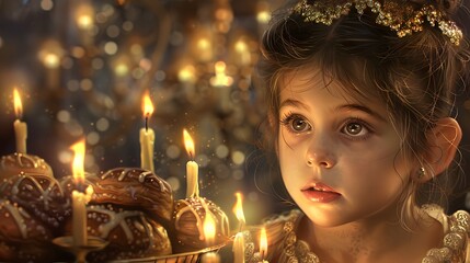 Wall Mural - Child girl Looking at Menorah Candles on wooden table and sufganiyot on background light glitter bokeh overlay. Hanukkah jewish holiday Israel hebrew traditional family celebration invitation design. 