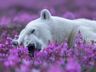 Sticker - A polar bear is sleeping in a field of purple flowers