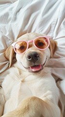 Sticker - A dog wearing pink sunglasses is laying on a bed