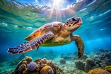 Green sea turtle swimming underwater in the ocean.AI GENERATED